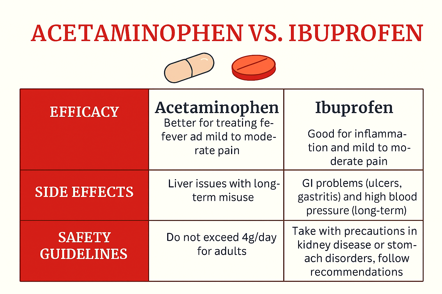 Side-by-side comparison of Tylenol/acetaminophen and ibuprofen for pain, fever,
and inflammation .
