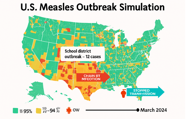Animated map shows two scenarios: a) at 80% vaccination, measles spreads quickly
through a community after one case, b) at 95%, only a few cases occur, and the outbreak stops
quickly.