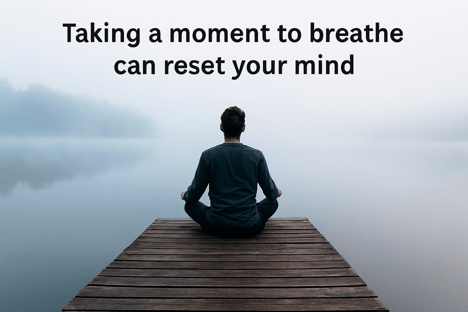 A person sitting cross-legged at the end of  a wooden dock overlooking a foggy lake, meditating.