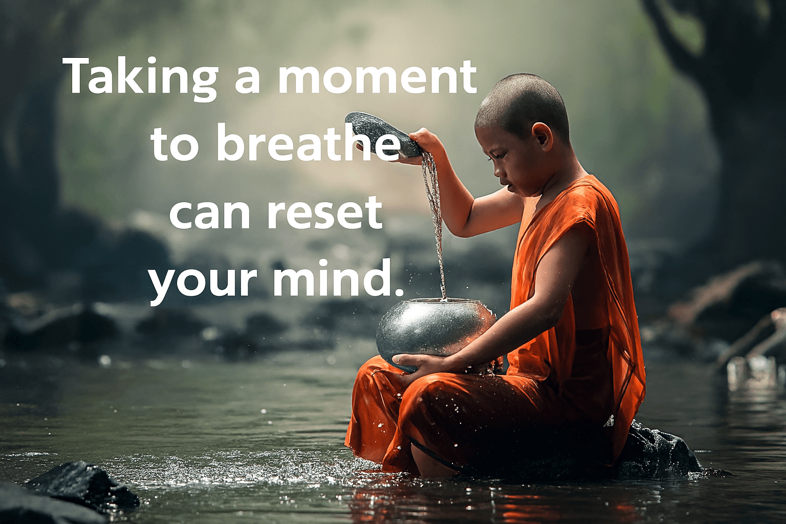  A young Buddhist monk in orange robes gently pouring water in a serene stream, symbolizing mindfulness and peace.