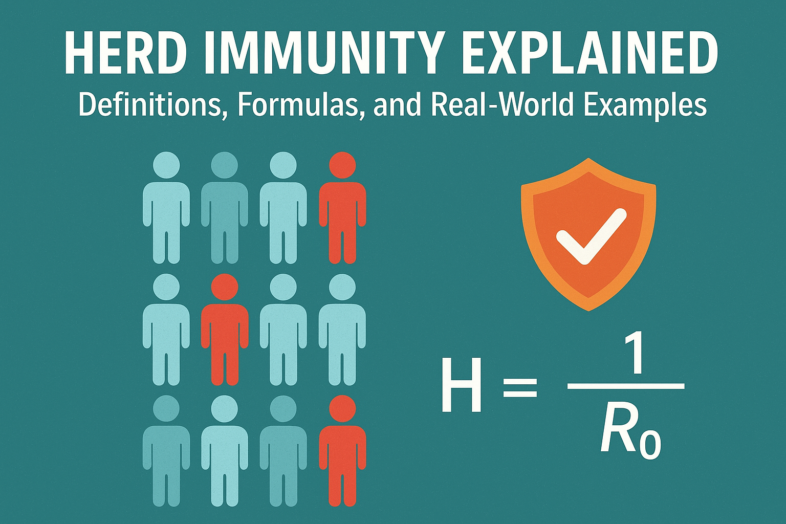 Infographic titled “Herd Immunity Explained: Definitions, Formulas, and Real-World Examples.” It shows a grid of human icons, most in blue representing immune individuals and a few in red representing infected ones. On the right, there’s an orange shield with a white checkmark symbolizing protection, and below it, the herd immunity formula “H = 1 / R₀” is displayed on a teal background.