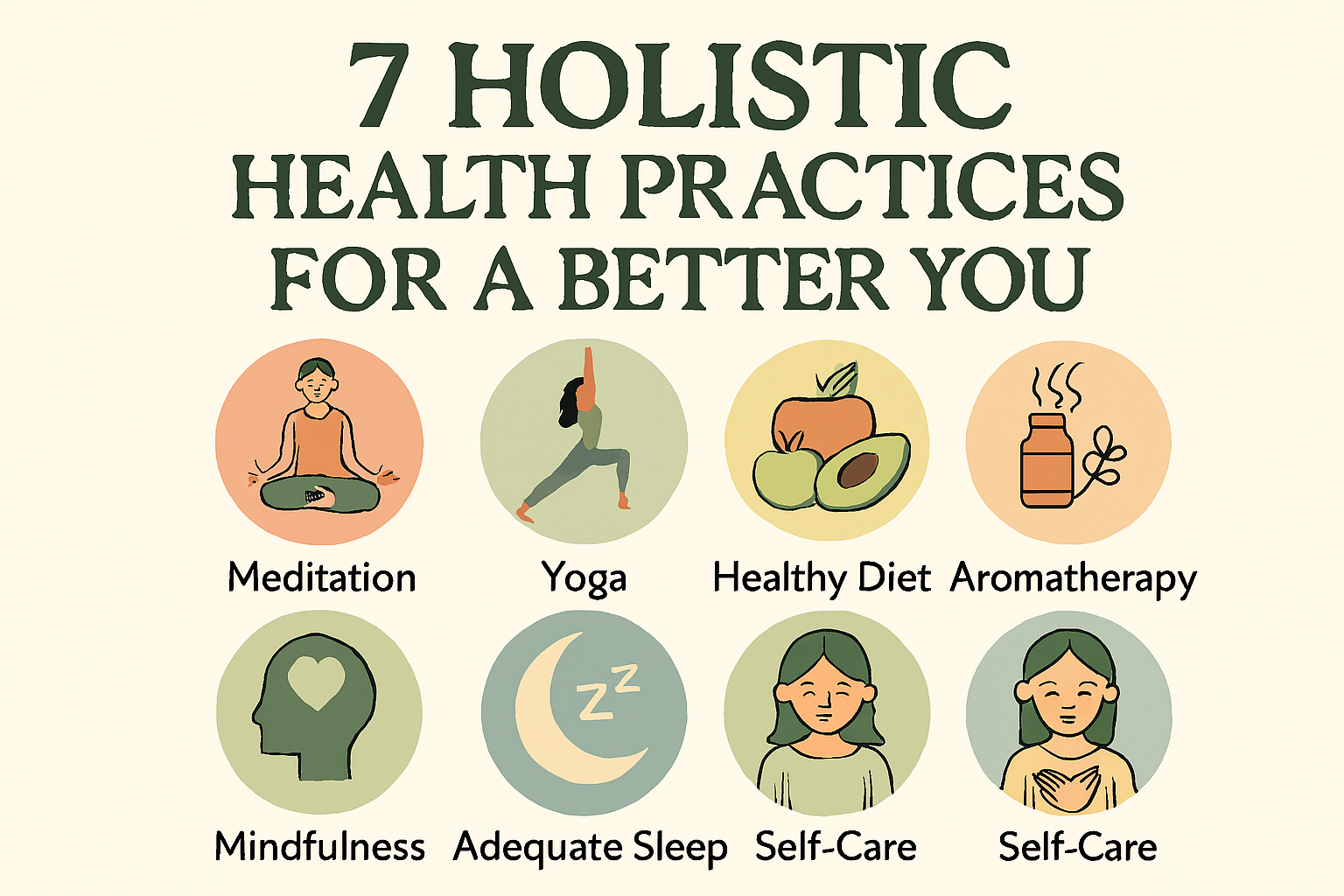 Infographic titled ‘7 Holistic Health Practices for a Better You’ featuring seven circular icons representing meditation, yoga, healthy diet, mindfulness, adequate sleep, aromatherapy, and self-care. Each icon includes a simple illustration and label, arranged in two rows on a light beige background with dark green text.