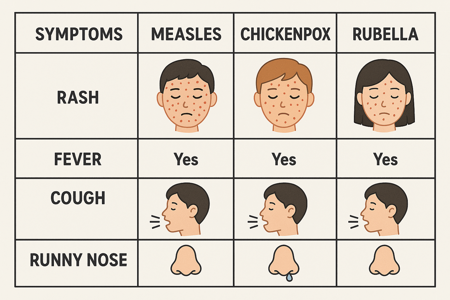 Chart comparing symptoms of measles, chickenpox, and rubella: rash, fever, cough, and runny nose shown with icons and 'Yes' labels.