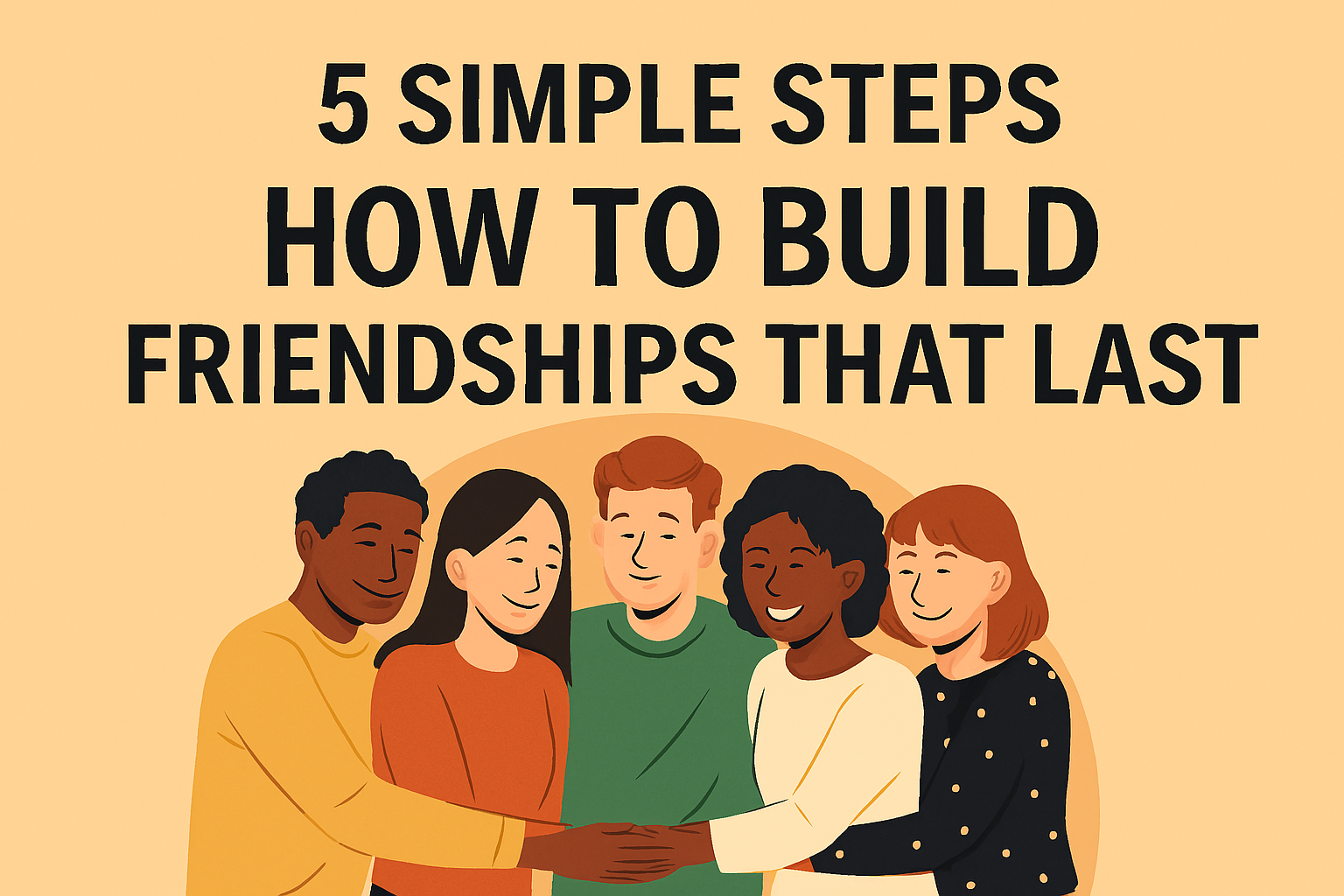 Illustration of five diverse friends smiling and hugging in a group, beneath bold text that reads ‘5 Simple Steps: How to Build Friendships That Last’ on a warm orange background.