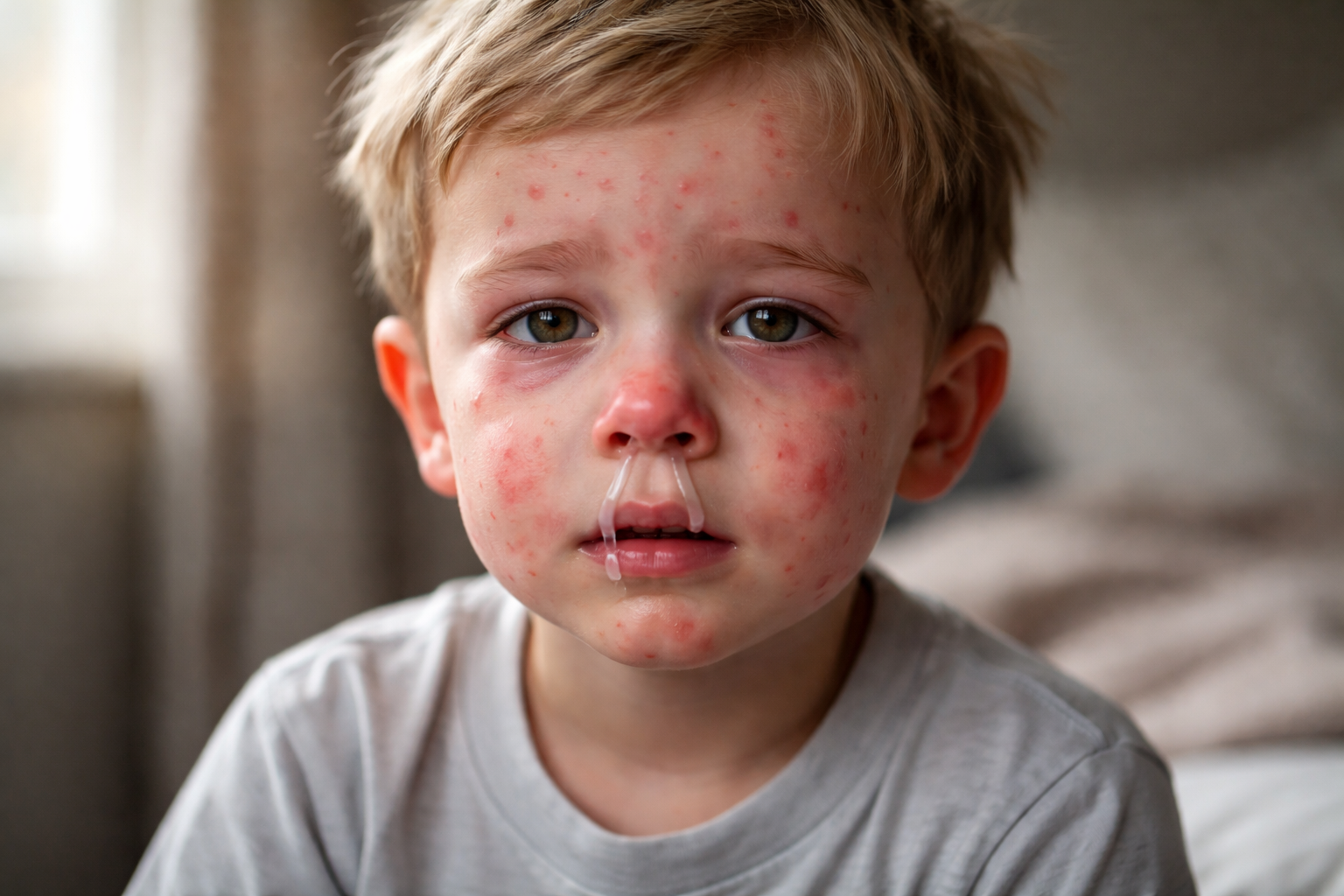 A young child with measles showing watery, red eyes, a runny nose, and early red rash on the face—classic early symptoms of measles.